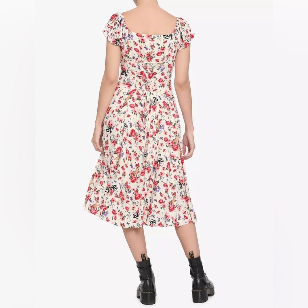 DISNEY BAMBI Floral PUFF SLEEVE MIDI DRESS! Thumper Flower Lace Up Mushrooms NWT - Picture 3 of 7